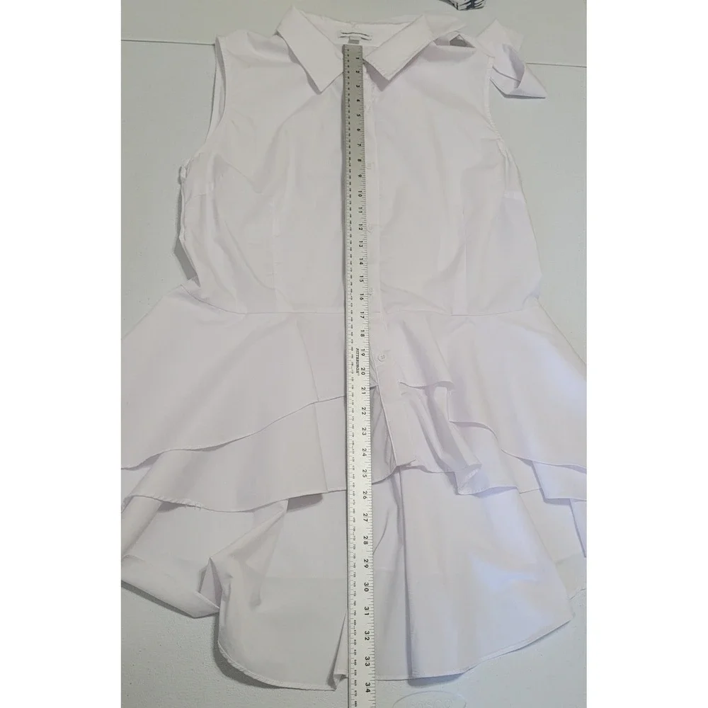 New York & Co Sleeveless Blouse XL White Bow Tie Neck Tiered Ruffle Peplum Hem - Picture 7 of 8
